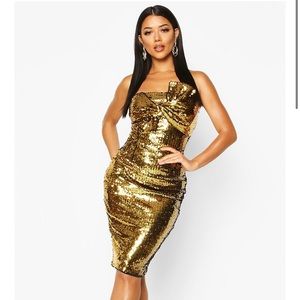 BOOHOO Gold Sequin Bow Midi Dress